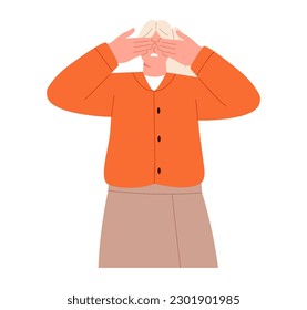 Woman cover eyes with hand avoid seeing things. Flat vector illustration isolated on white background
