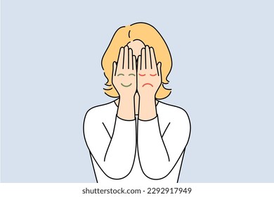 Woman cover face with hands with emojis of different mood states. Female suffer from bipolar disorder or mood swings. Psychological problem. Vector illustration. 