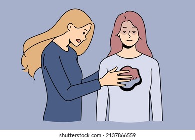 Woman cover with hands close hole in another female give support and help. Concept of psychological and mental aid and counseling. Psychotherapy and psychoanalysis. Vector illustration. 