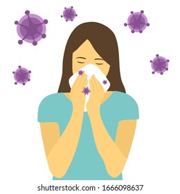 A woman cover her sneeze with handkerchief vector illustration on white background. Sneezing woman in blue dress with virus around. Covid-19 corona virus disease. Season allergy.