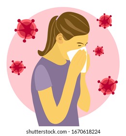 A woman cover her sneeze with handkerchief vector illustration on white background. Side view. Sneezing woman in purple dress with virus around. Covid-19 Coronavirus disease. Season allergy.