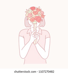 A woman covered with a bouquet. hand drawn style vector doodle design illustrations. A woman covered with a bouquet. hand drawn style vector doodle design illustrations.