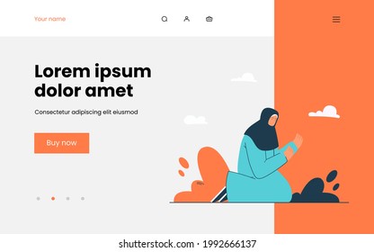 Woman with covered head praying at night. Flat vector illustration. Female character sitting on her knees, turning to God, asking for help. Faith, religion, trouble concept for banner or landing page