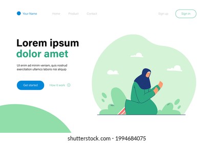 Woman with covered head praying at night. Flat vector illustration. Female sitting on knees, turning to God, asking for help. Faith, religion, trouble concept for banner design or landing page