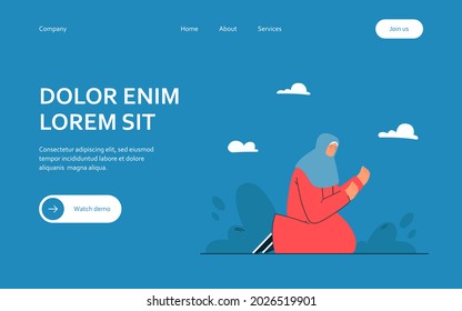 Woman with covered head praying at night. Flat vector illustration. Female character sitting on knees, turning to God, asking help. Faith, religion, trouble concept for banner design or landing page