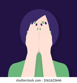 The woman covered her eyes with her hand. Indifference and fear. Vector Flat Illustration