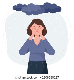 The woman covered her face with her hands and cries. The girl is depressed, she is upset, she has clouds and rain over her head. Vector flat illustration