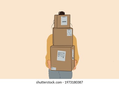 Woman covered her face with parcels with goods purchased online. Concept of online shopping and delivery. Flat style. Vector illustration.