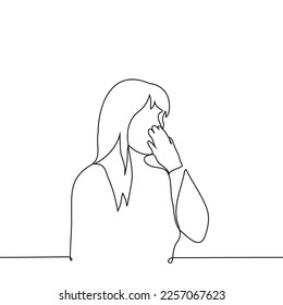 woman covered her mouth with her hand - one line drawing vector. yawn or shock concept