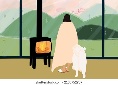 Mujer cubierta de mantas de paja parada junto a la chimenea cerca de la ventana y disfrutando de hermosas vistas de las montañas. Concepto de la comodidad del hogar y descansa en la naturaleza. Ilustración del vector