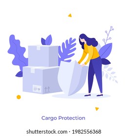 Woman covering boxes with shield. Concept of cargo protection, secure delivery, shipment or transportation, safety in shipping process or freight operations. Modern flat vector illustration for poster
