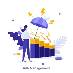 Woman Covering Descending Bar Chart With Umbrella. Concept Of Risk Management, Rescuing Business Project, Security Of Capital Or Financial Assets, Secure Investment. Modern Flat Vector Illustration.
