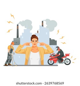 Woman covering ears due to noise pollution from factory, jackhammer, and motorcycle on white background. Concept of urban noise pollution. Vector illustration