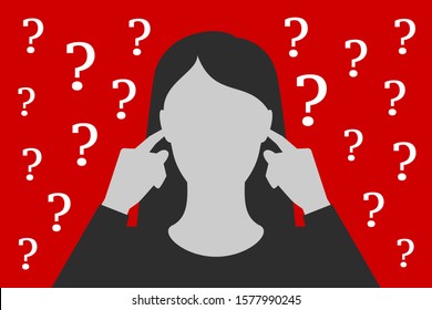 Woman is covering ears with hands, not wanting to listen questions and resolve problems, being tired and overworked, having stress, over depressive red background. Concept of ignoring of problems