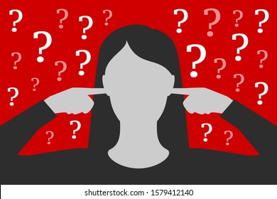 Woman is covering ears with hands, not wanting to listen questions and resolve problems, being tired and overworked, having stress, over depressive red background. Concept of ignoring of problems