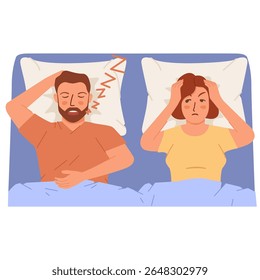 Mulher cobrindo orelhas enquanto o homem ronca. Mulher sofre insônia de ronco homem na cama. Marido ronca.Casal casado.Transtorno do sono.Apneia do sono fazendo barulho.Problema do sono. Ressonar problema de saúde.
