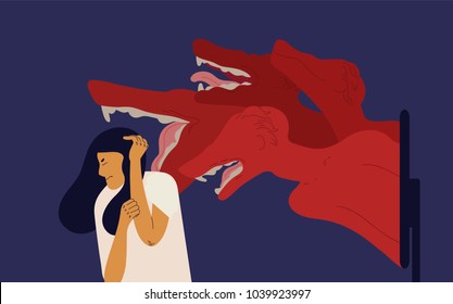 Woman covering head with hands with fear and terrible monsters coming out of computer screen. Concept of cyberbullying or cyberharassment, harmful behavior on internet. Colorful vector illustration.