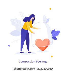 Woman covering heart with glass dome. Concept of compassion feelings, loving-kindness, empathy or sympathy, mercy, pity, care or protection. Modern flat colorful vector illustration for poster, banner