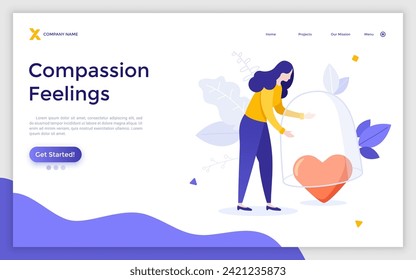 Woman covering heart with glass dome. Concept of compassion feelings, loving-kindness, empathy or sympathy, mercy, pity, care or protection. Modern flat colorful vector illustration for poster, banner