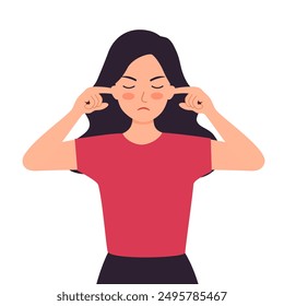 Woman covering her ears with fingers, eyes closed. Female closing or plugging for loud noise.