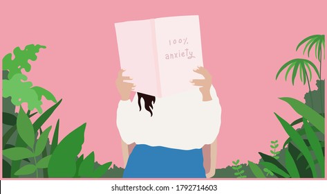 Woman covering her face with big book and tropical green plants background, sweet pastel hand drawn flat style, reading alone concept illustration