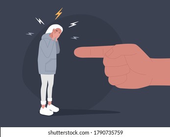 Woman covering her face with both hands. Panic attack, psychology and society problems. A giant pointing finger attacking a young girl. Concept of sadness, depression, fear, public censure.