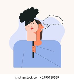 Woman covering her face with mask Concept of changing natural personality to conform to social requirements and pressure. Fake identity, scammer girl flat vector cartoon illustration isolated white 