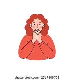 woman is covering her mouth with her hands