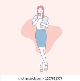 A woman is covering her mouth with his hands and laughing. hand drawn style vector design illustrations.