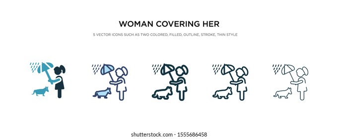 woman covering her pet with an umbrella icon in different style vector illustration. two colored and black woman covering her pet with an umbrella vector icons designed in filled, outline, line and