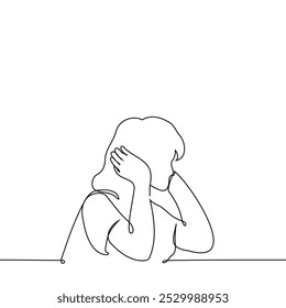 woman covering his ears with her hands while sitting at the table - one line art vector. concept Hyperacusis, Ear pain, unwillingness to hear, ignore. Handmade vector not AI