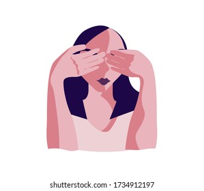 Woman is covering his eyes with hands portrait. Not see or look no evil metaphor isolated on white. Flat Art Vector Illustration