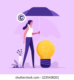 Woman covering lightbulbs with umbrella. Concept of legal protection of creative ideas, copyright law protecting inventions, flat vector illustration