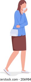 Woman covering mouth with wet towel semi flat color vector character. Full body person on white. Fire safety awareness isolated modern cartoon style illustration for graphic design and animation