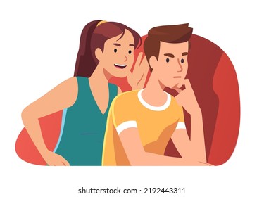 Mujer cubriendo la boca susurrando contando noticias compartiendo secreto con un amigo sospechoso escuchando. Jóvenes chismeando, discutiendo rumores. Amistad, comunicación, privacidad, ilustración plana vectorial