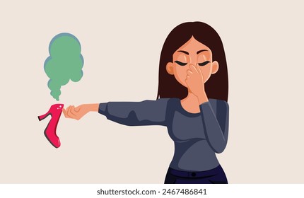 
Woman Covering Nose Holding Stinky Shoe Vector Cartoon. Unhappy girl feeling disgusted by new shoes odor 
