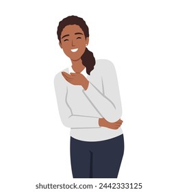 Woman covering open mouth with hand and laughing at joke or funny situation. Flat vector illustration isolated on white background