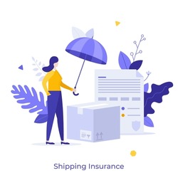 Woman Covering Parcels In Boxes With Umbrella. Concept Of Cargo Insurance, Risk Management, Safe Packaging, Secure Delivery, Safety Of Shipment. Modern Flat Vector Illustration For Banner, Poster.