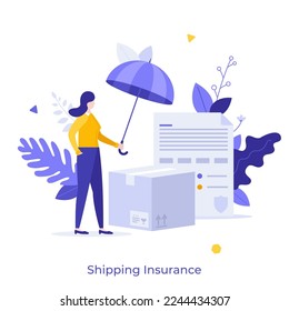 Woman covering parcels in boxes with umbrella. Concept of cargo insurance, risk management, safe packaging, secure delivery, safety of shipment. Modern flat vector illustration for banner, poster.