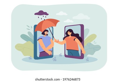 Woman covering sad friend with umbrella over phone. Female character comforting girl flat vector illustration. Mental health, empathy, wellness concept for banner, website design or landing web page