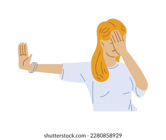 Woman covers face with hand and puts palm to side flat style, vector illustration isolated on white background. Refuse gesture, emotional character, design element
