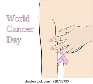 the woman covers her breast with her hand and holds the symbol of the fight against cancer. World Cancer Day. vector illustration.