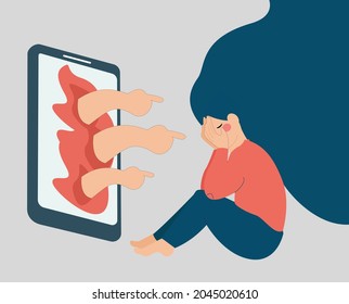 Woman covers her face with hands from fingers pointing at her from phone screen. People bullying a girl on internet. Cyberbullying behavior, negative influence on social media, verbal abuse concept.