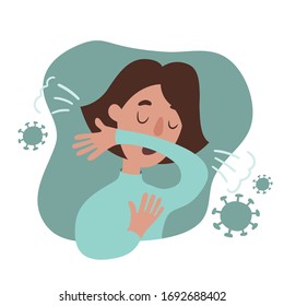 A woman covers her mouth with her elbow when coughing / sneezing. Quarantine Precautions During Coronavirus (2019-ncov or covid-19). Illustration in cartoon style isolated on white background.