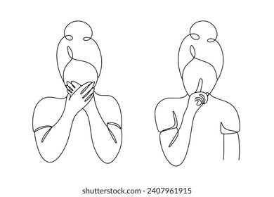 The woman covers her mouth and shows the “quiet” gesture. Combating profanity. International Day Against Swearing. Images produced without the use of any form of AI software at any stage. 