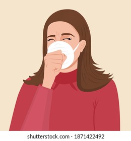 The Woman covers her mouth when she cough vector illustration. COVİD-19 symptom. Woman coughs with protective face mask. The masked coronavirus patient coughs, covering her mouth with her hand