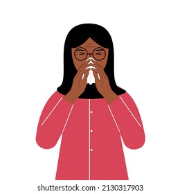 A woman covers his nose with his hands with a handkerchief. The concept of a sick person, sneezing, seasonal allergies, bad smell. Vector flat illustration.