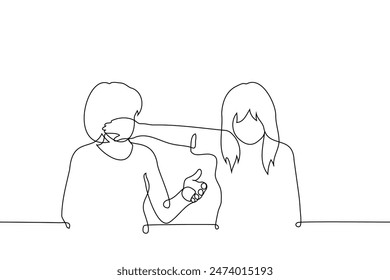 woman covers the mouth of a nearby standing gesturing woman with her palm - one line art vector. concept of shutting up a friend, getting tired of someone else's chatter. Handmade vector not AI