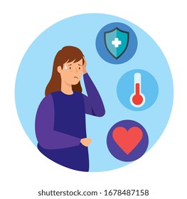 woman with covid 19 disease and set icons vector illustration design
