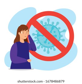 woman with covid 19 disease and sign prohibited vector illustration design